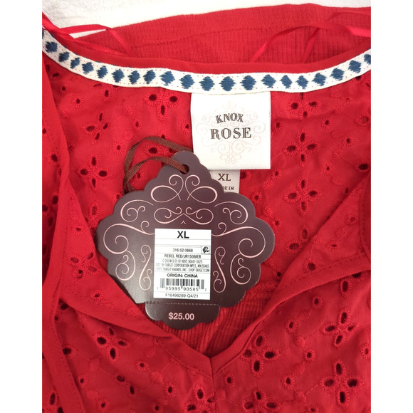 Knox Rose Floral Eyelet Embroidered Top Tassel Tie Rib Knit Rebel Red XL - Picture 7 of 7